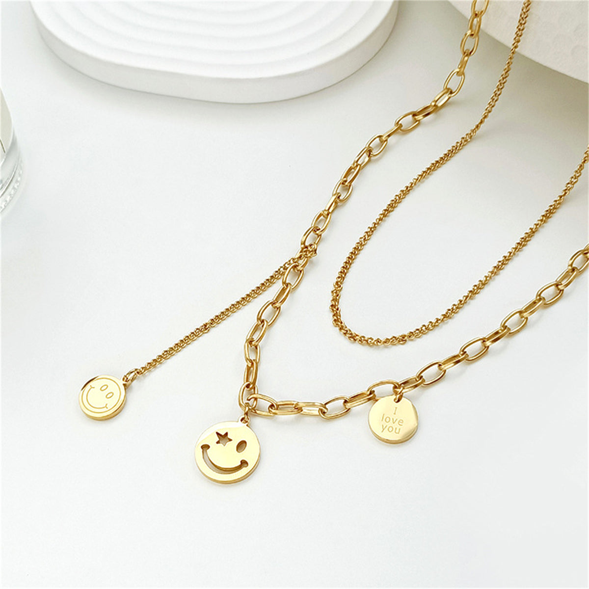 18K Gold-Plated 'I Love You' Smiley Drop Layered Necklace