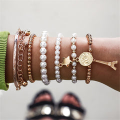 Pearl & 18K Gold-Plated Eiffel Tower Bracelet Set