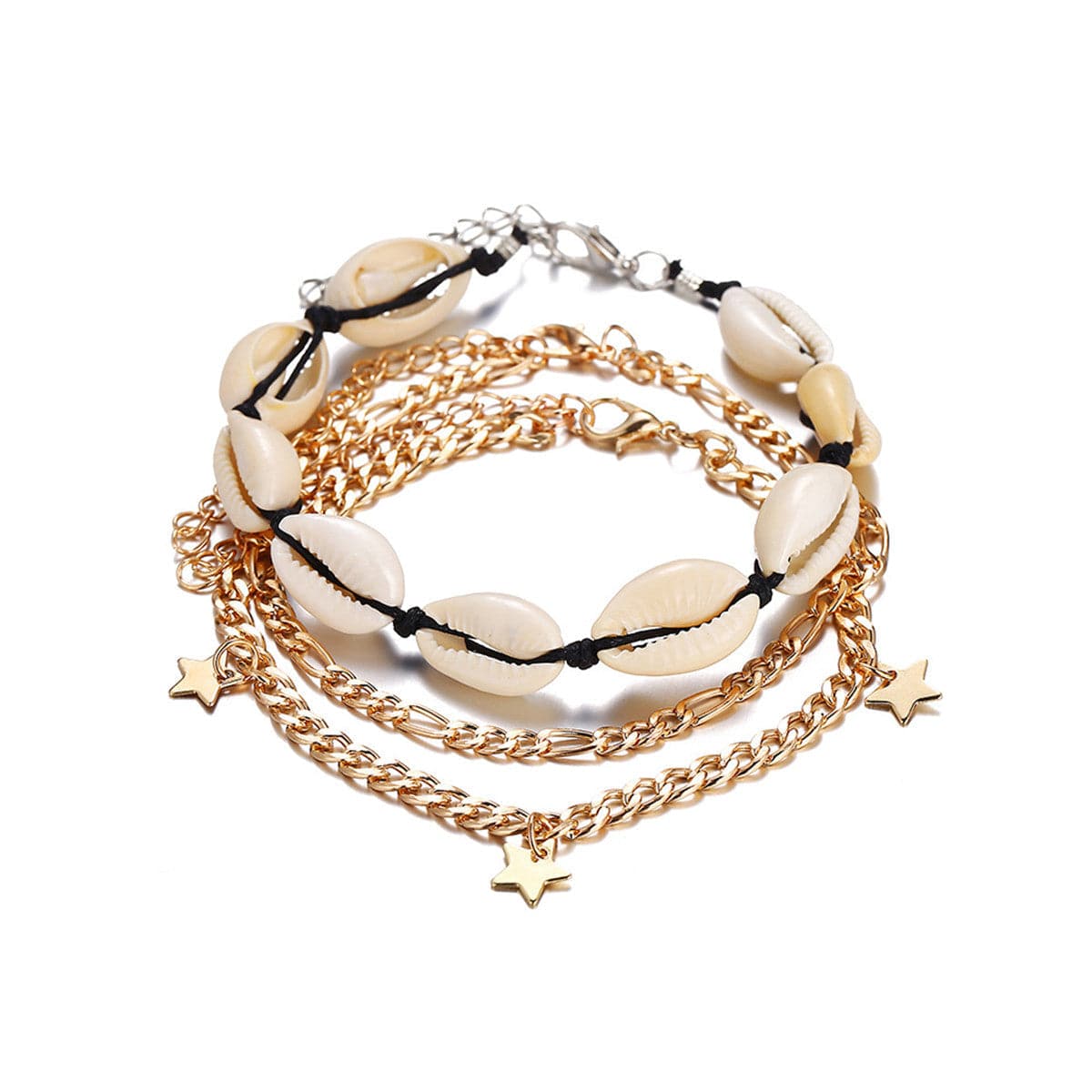 Shell & 18K Gold-Plated Stars Charm Anklet Set