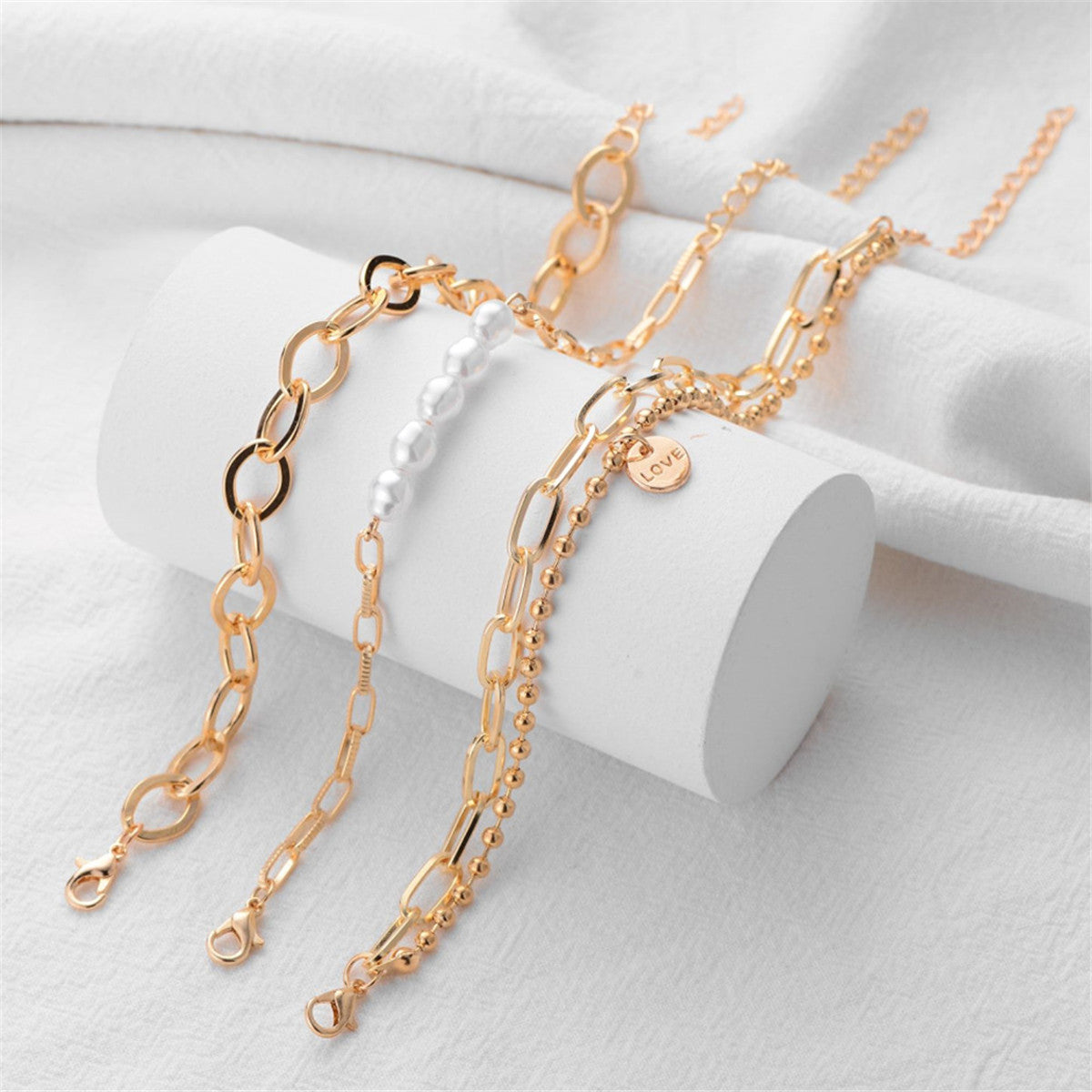 Pearl & 18K Gold-Plated Cable Chain Bracelet Set