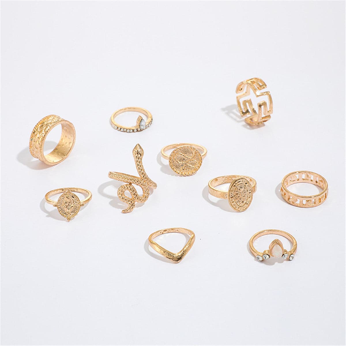 Cubic Zirconia & 18K Gold-Plated Textured Snake Ring Set