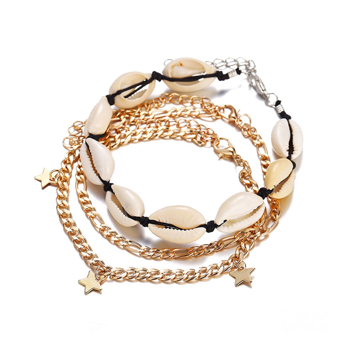 Shell & 18K Gold-Plated Stars Charm Anklet Set