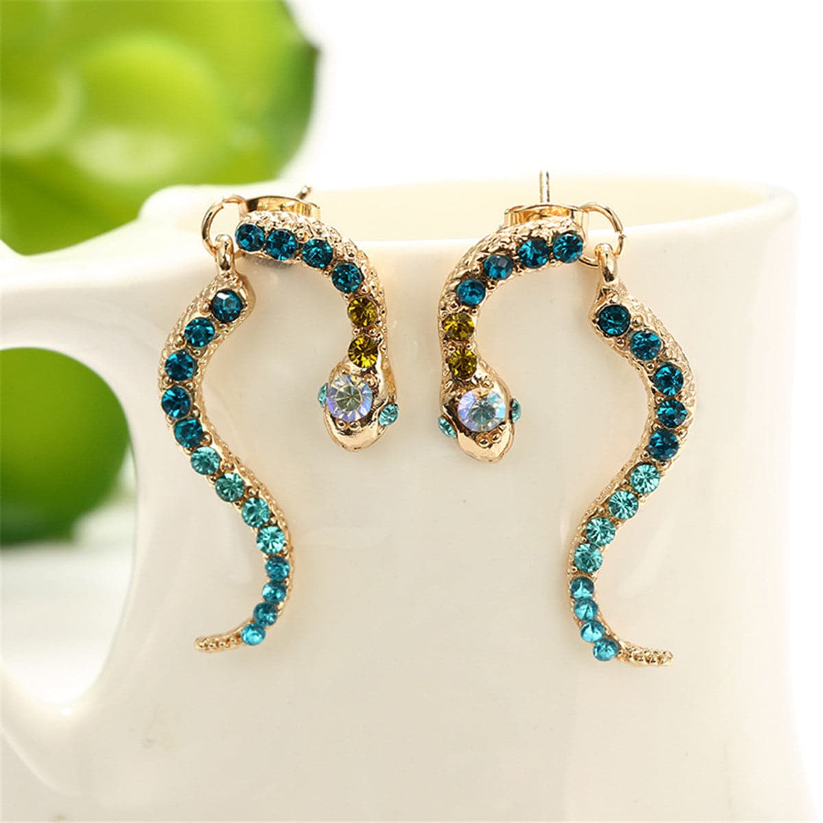 Blue Cubic Zirconia & 18K Gold-Plated Snake Drop Earrings