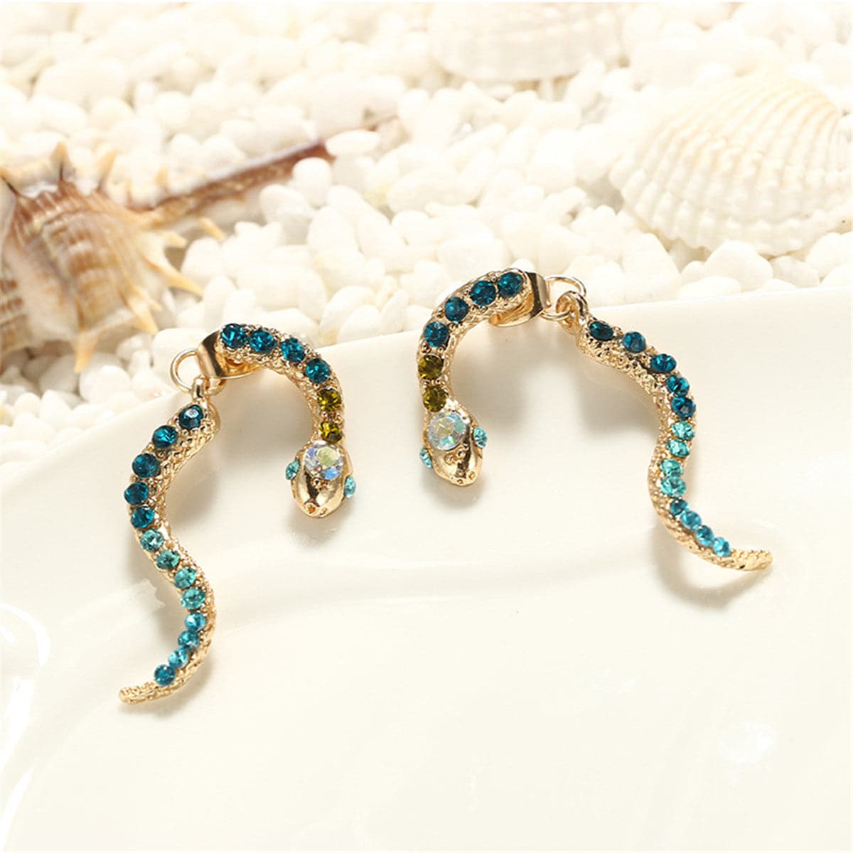 Blue Cubic Zirconia & 18K Gold-Plated Snake Drop Earrings