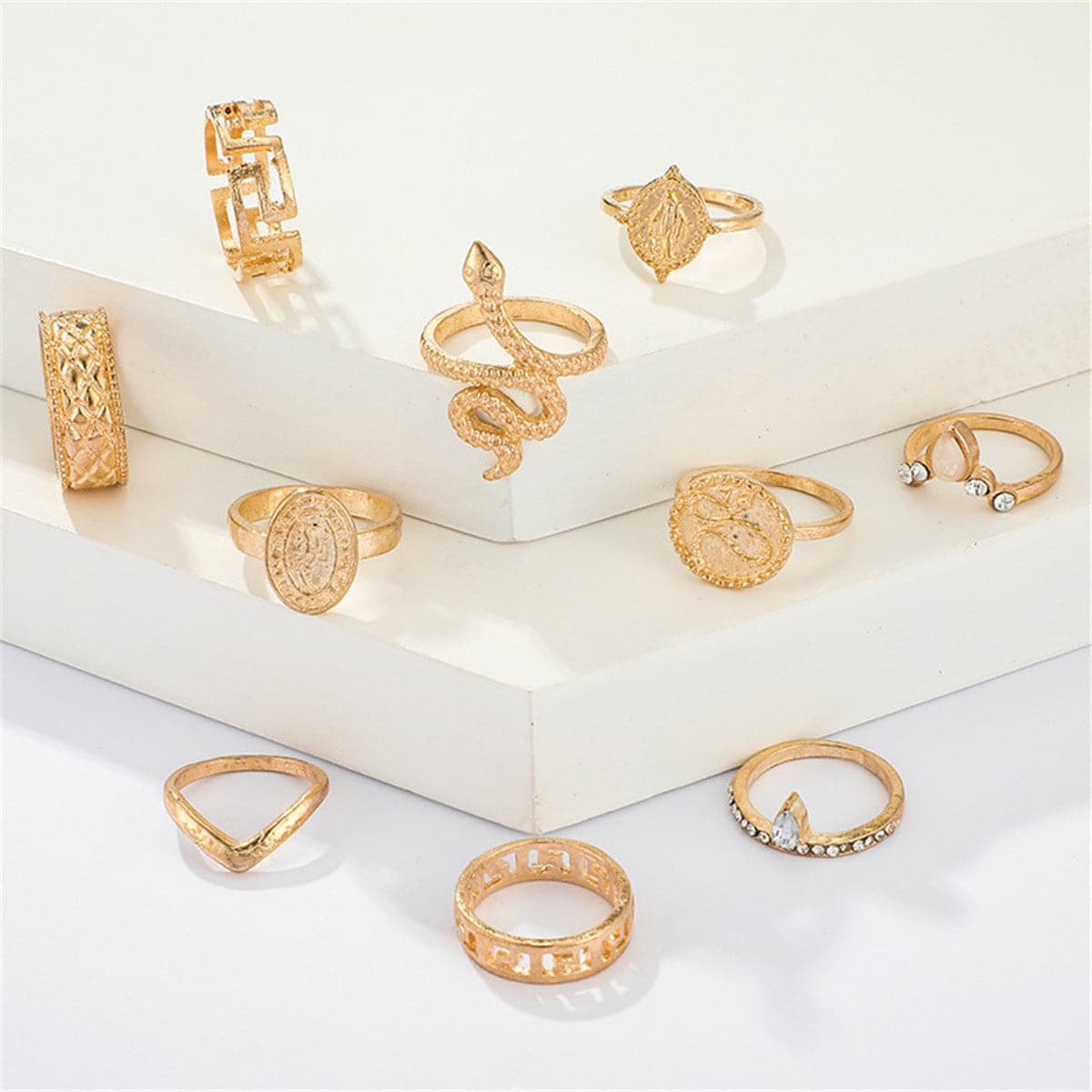 Cubic Zirconia & 18K Gold-Plated Textured Snake Ring Set