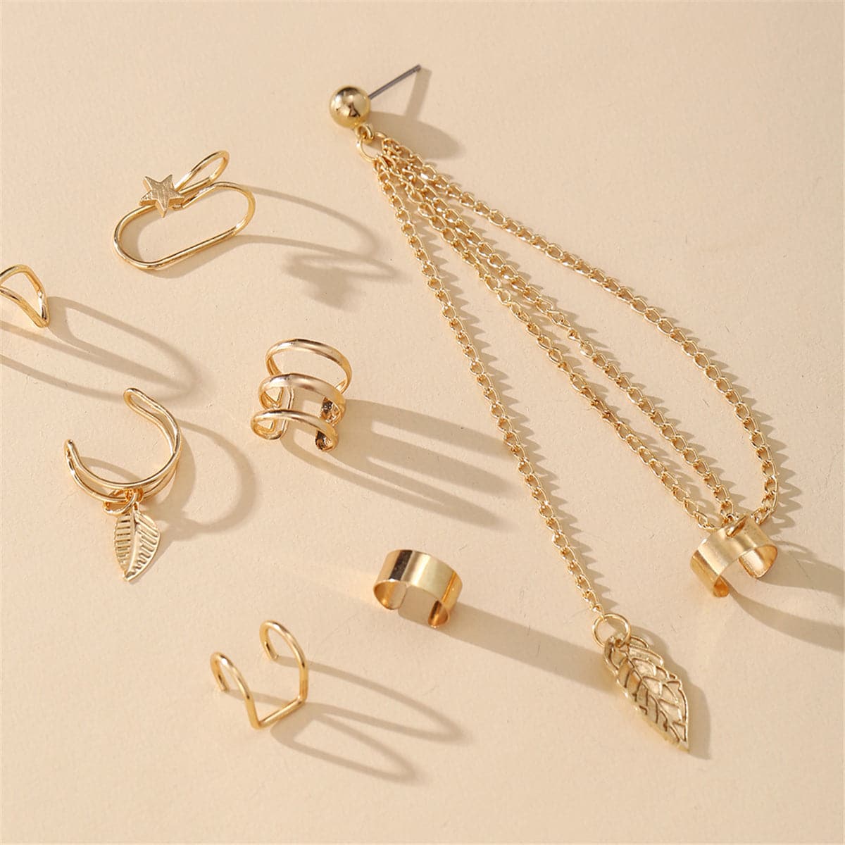 18K Gold-Plated Leaf Star Cuff Earring Set
