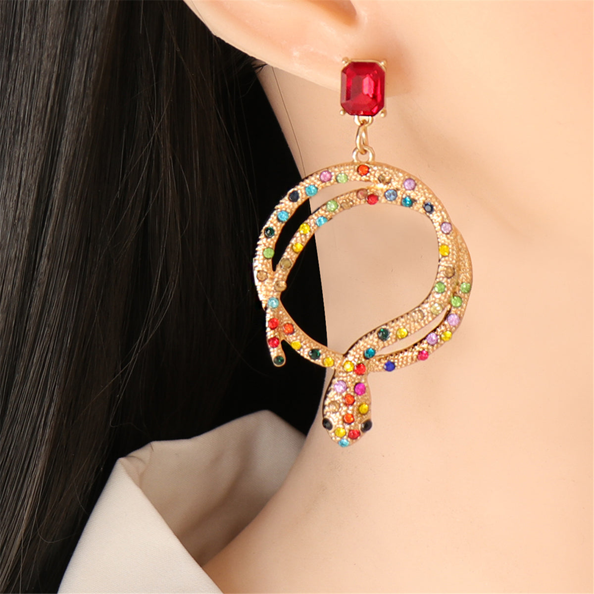 Red Crystal & Multicolor Cubic Zirconia Round Snake Drop Earrings