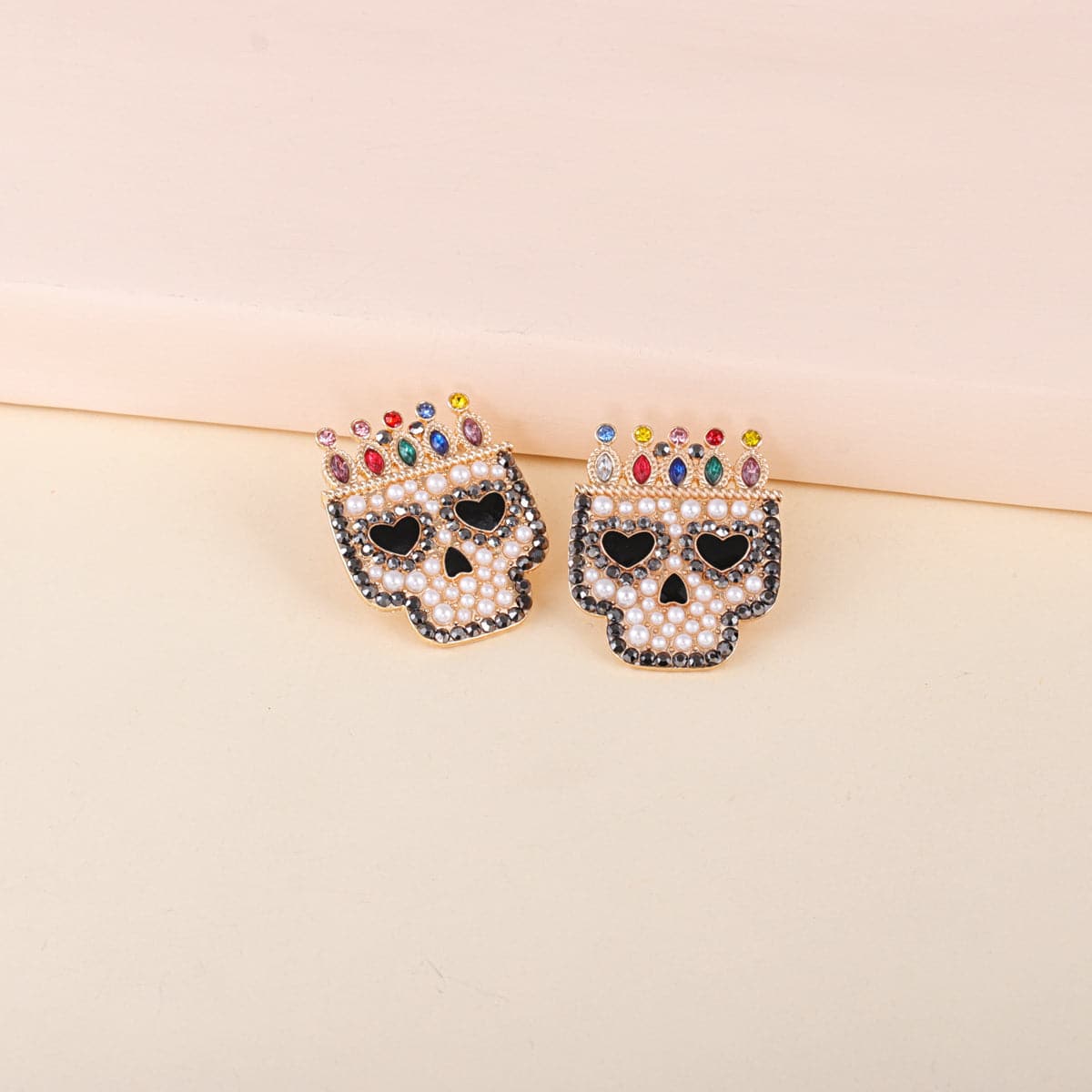 Red Multicolor Crystal & Cubic Zirconia Crowned Skull Stud Earrings