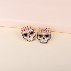 Red Multicolor Crystal & Cubic Zirconia Crowned Skull Stud Earrings