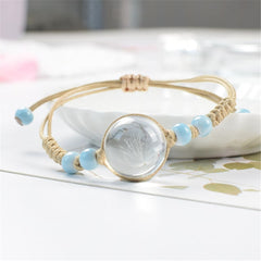 White Dandelion & Blue Ceramic Bead Adjustable Bracelet