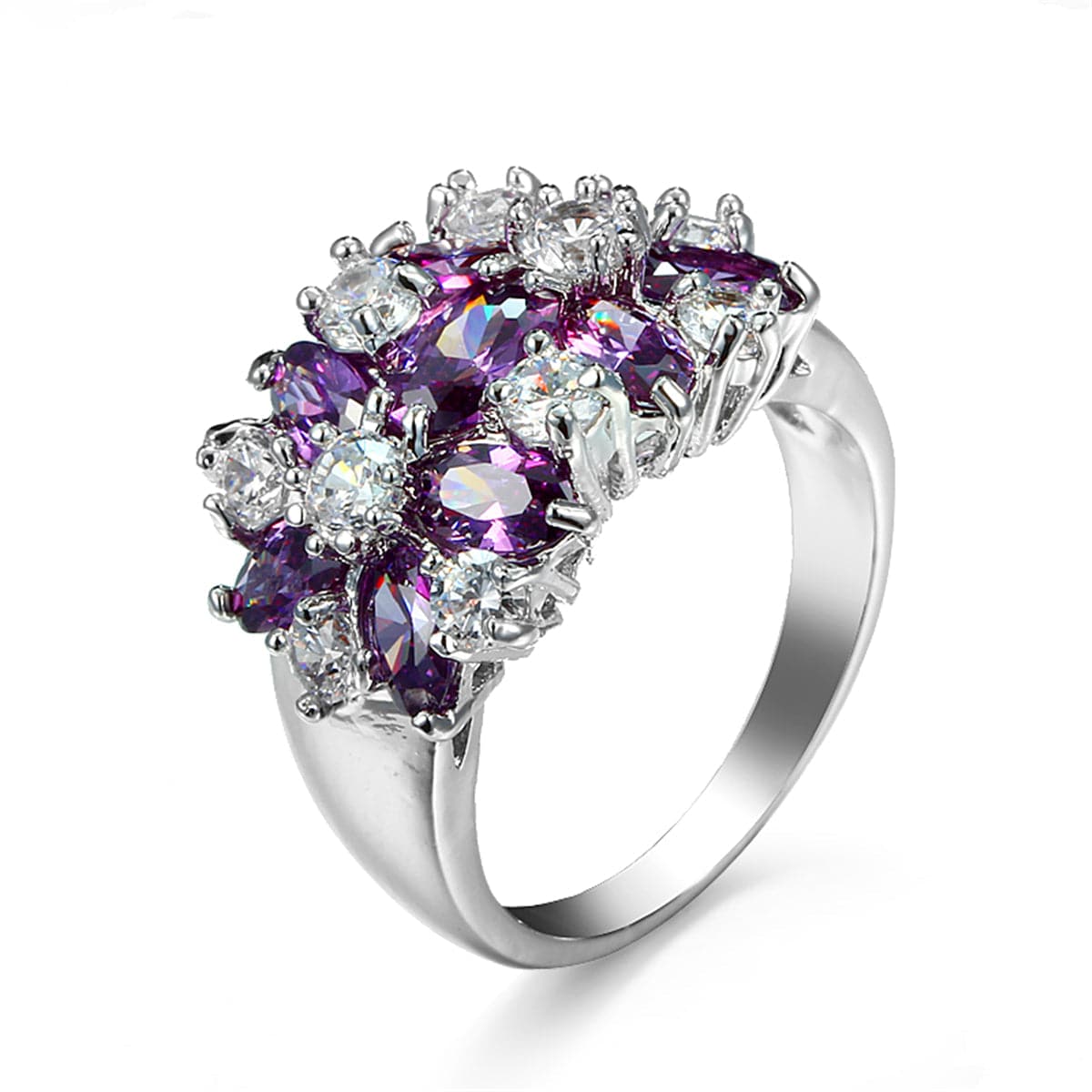 Purple Crystal & Silver-Plated Floral Band Ring