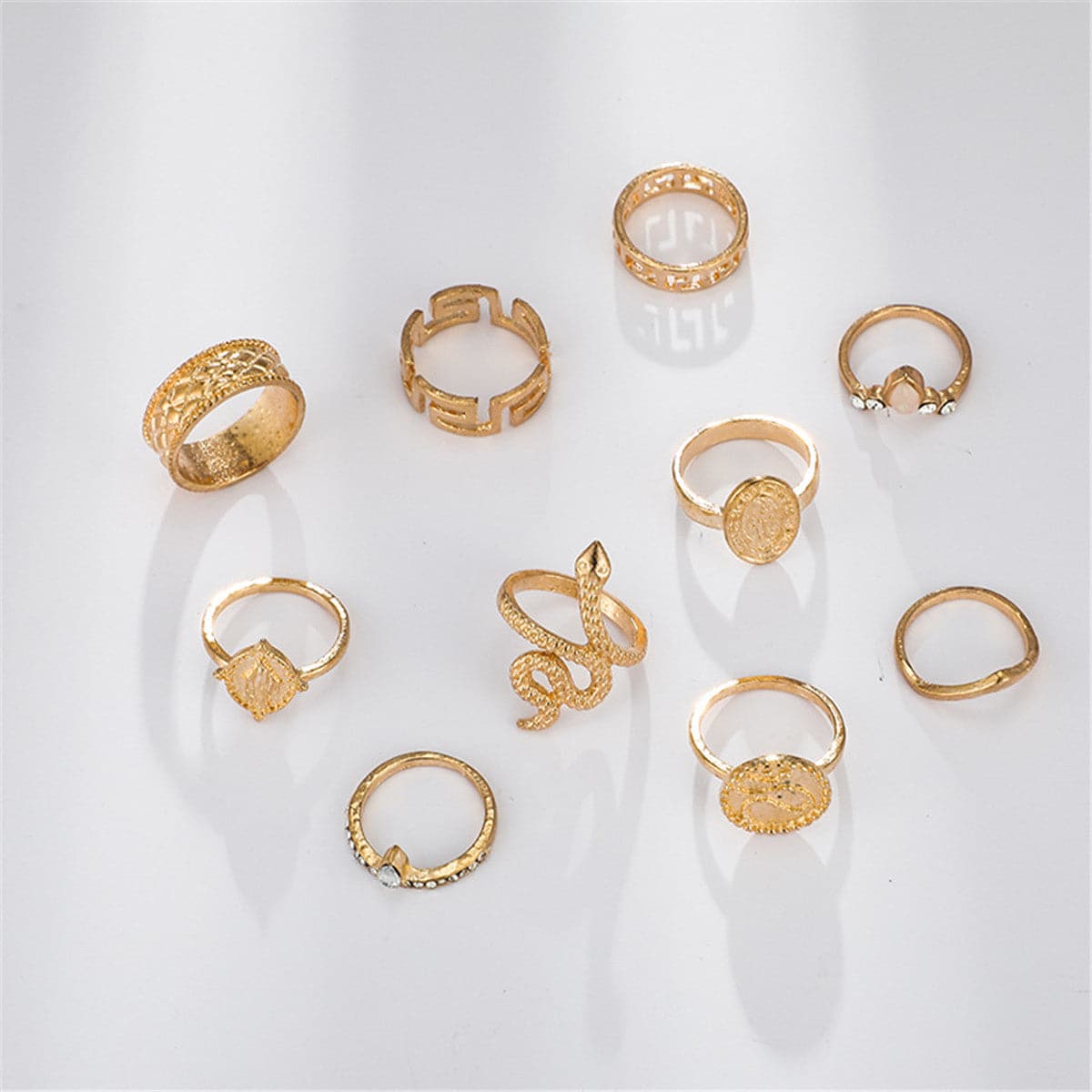 Cubic Zirconia & 18K Gold-Plated Textured Snake Ring Set