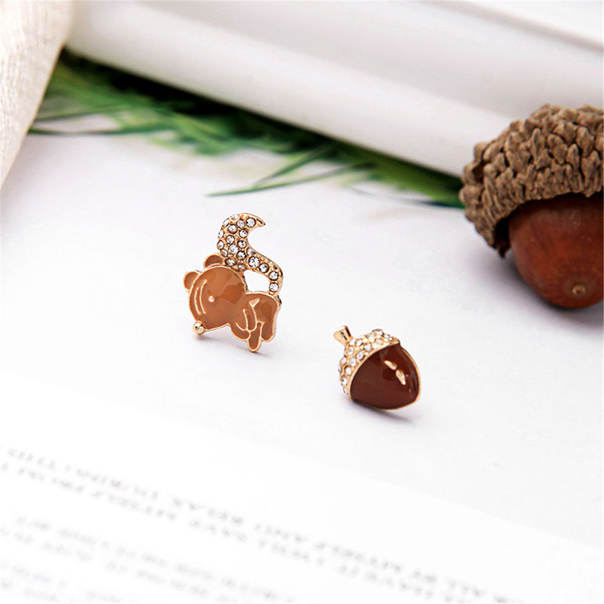 Cubic Zirconia & Enamel 18K Gold-Plated Squirrel Nut Stud Earrings