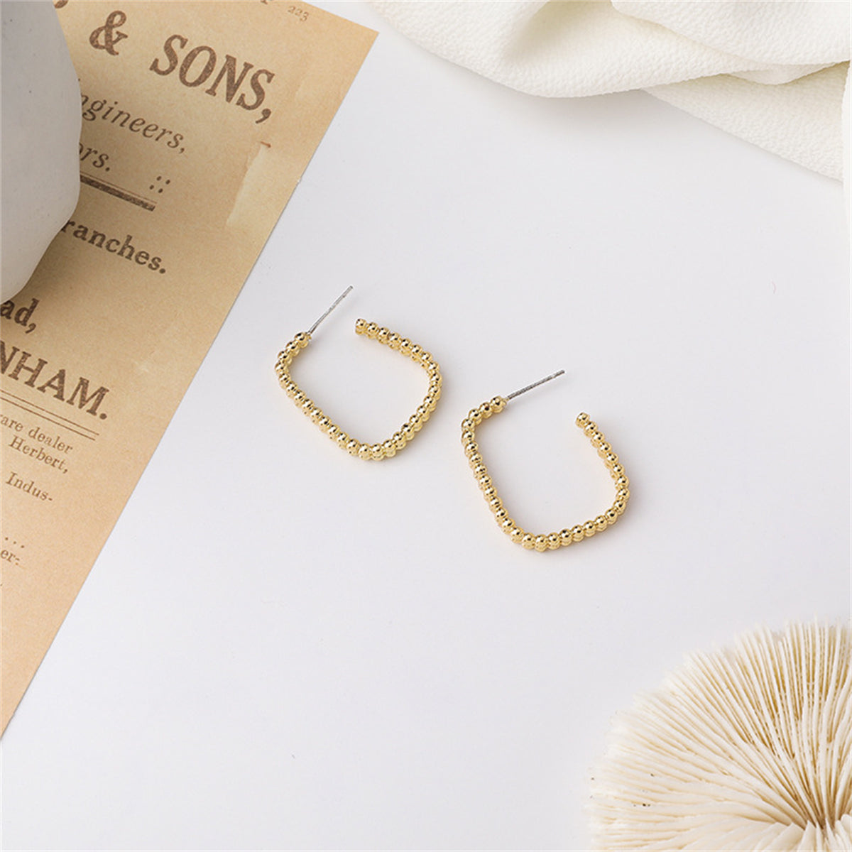 18K Gold-Plated Beaded Open Rectangle Hoop Earrings