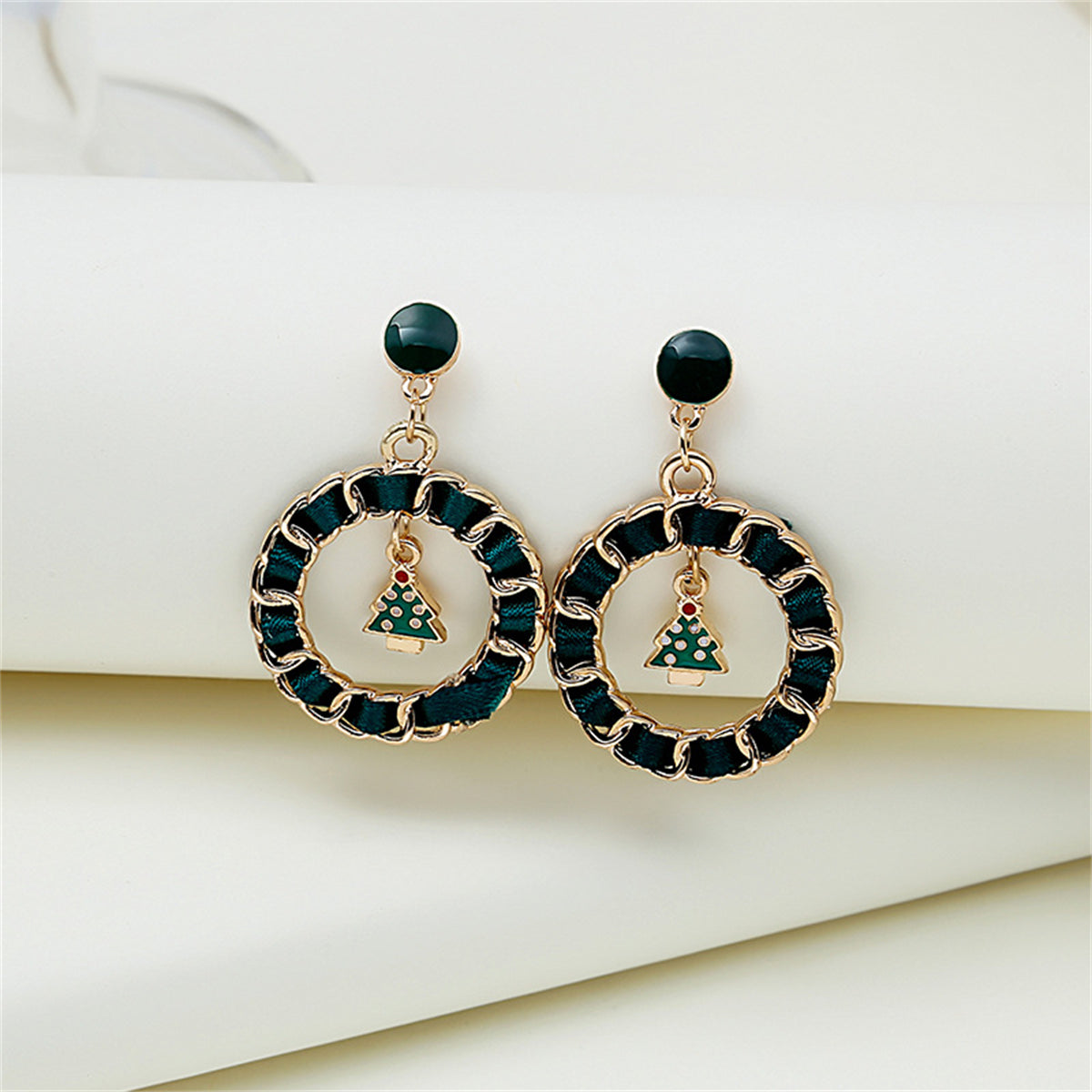 Black Ribbon & Enamel 18K Gold-Plated Christmas Tree Figaro Drop Earrings