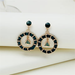 Black Ribbon & Enamel 18K Gold-Plated Christmas Tree Figaro Drop Earrings