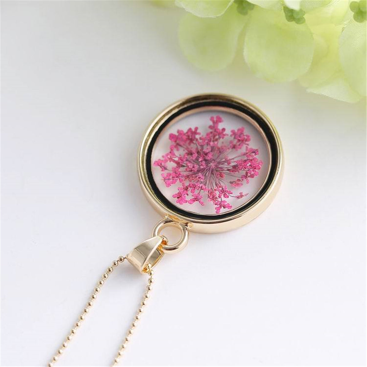 Pink Gypsophila & Resin Round Pendant Necklace