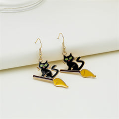 Green Enamel & 18K Gold-Plated Broom Cat Drop Earrings