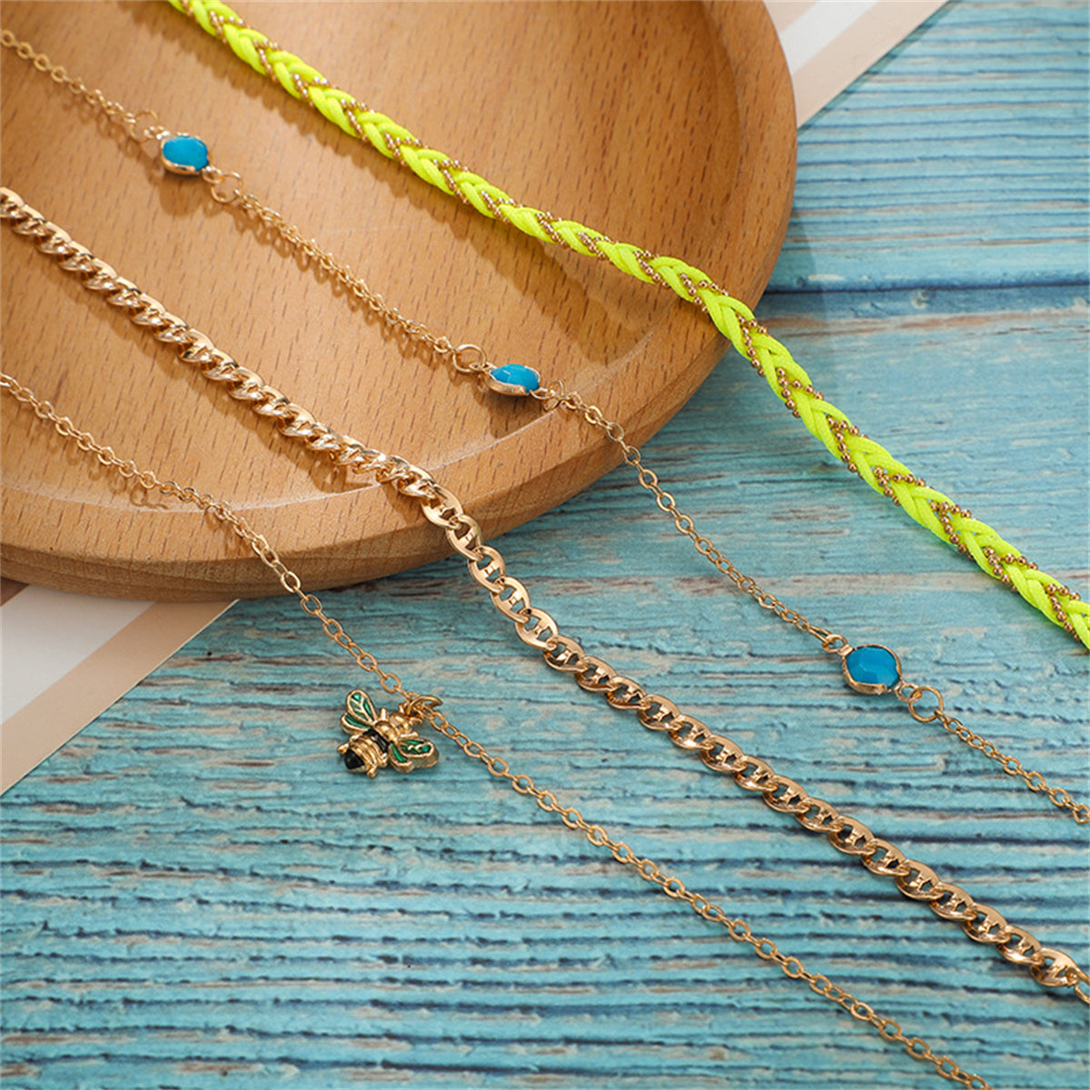 Neon Yellow & 18K Gold-Plated Bee Charm Anklet Set