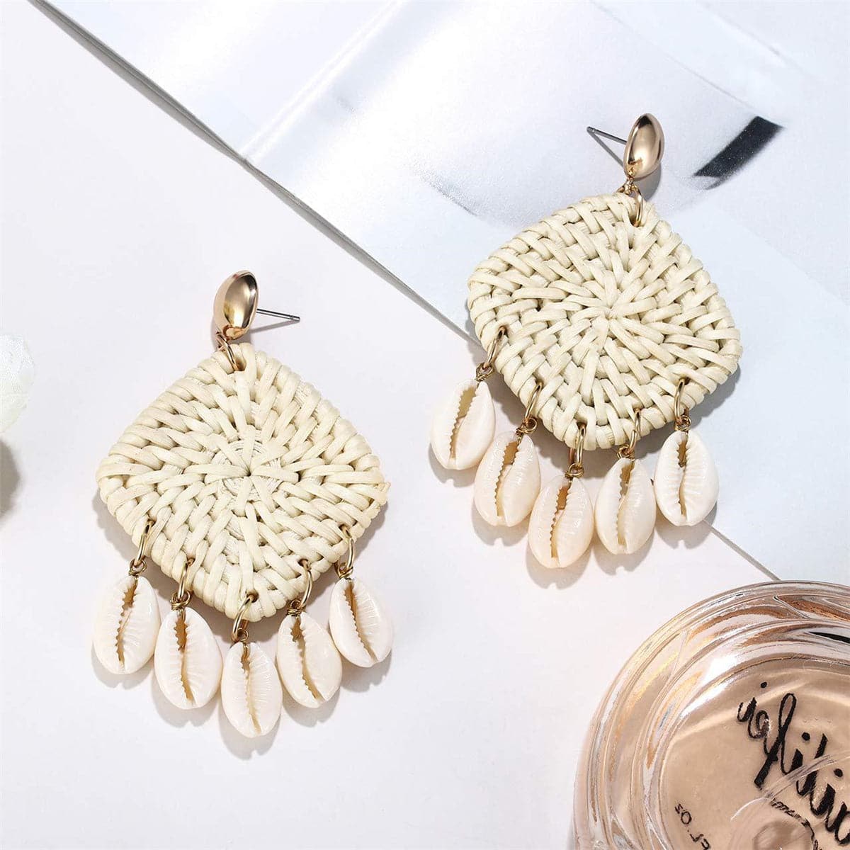 Shell & Rattan Rhombus Drop Earrings