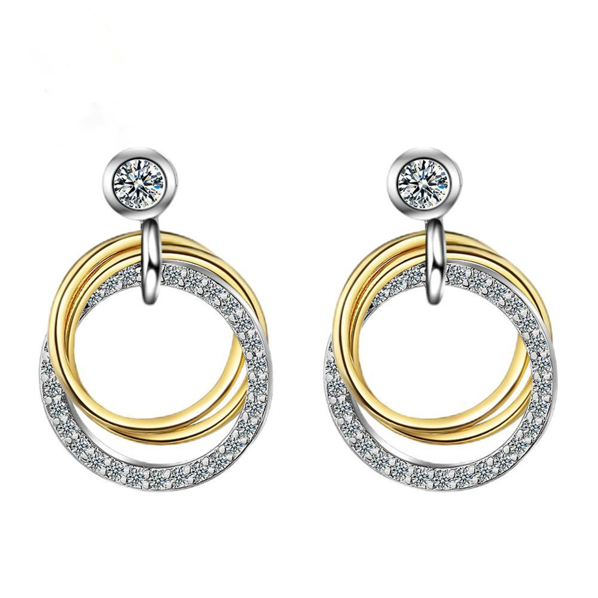 Cubic Zirconia & Two Tone Triple Circle Drop Earrings