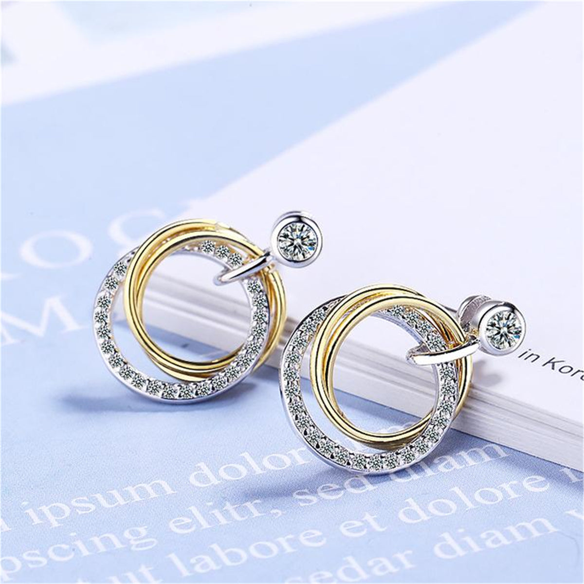 Cubic Zirconia & Two Tone Triple Circle Drop Earrings