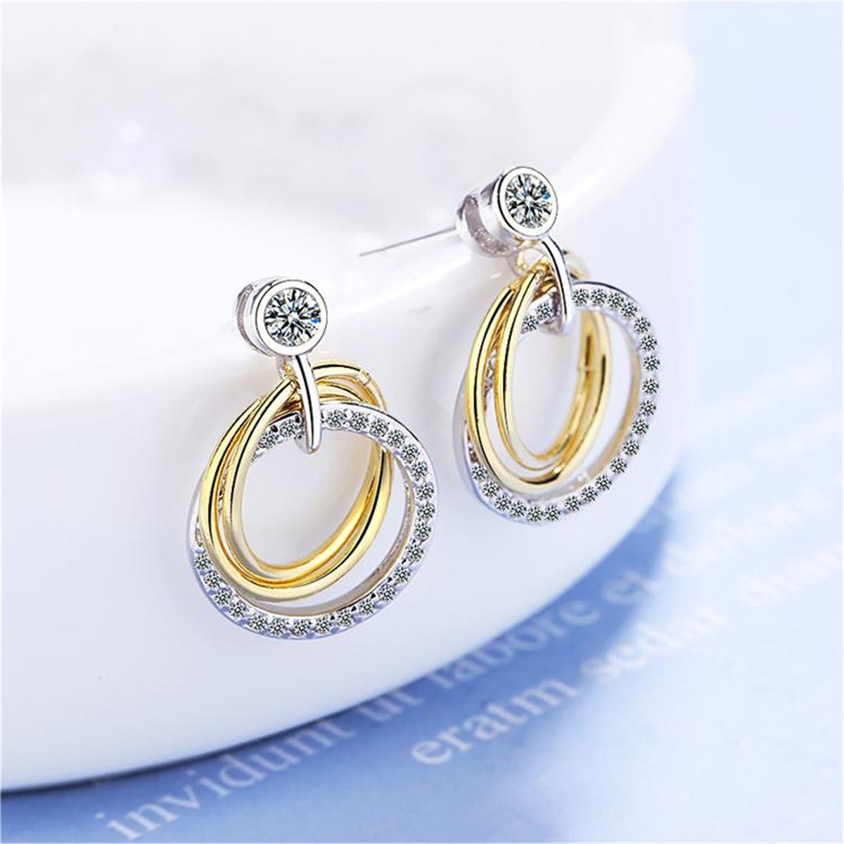 Cubic Zirconia & Two Tone Triple Circle Drop Earrings