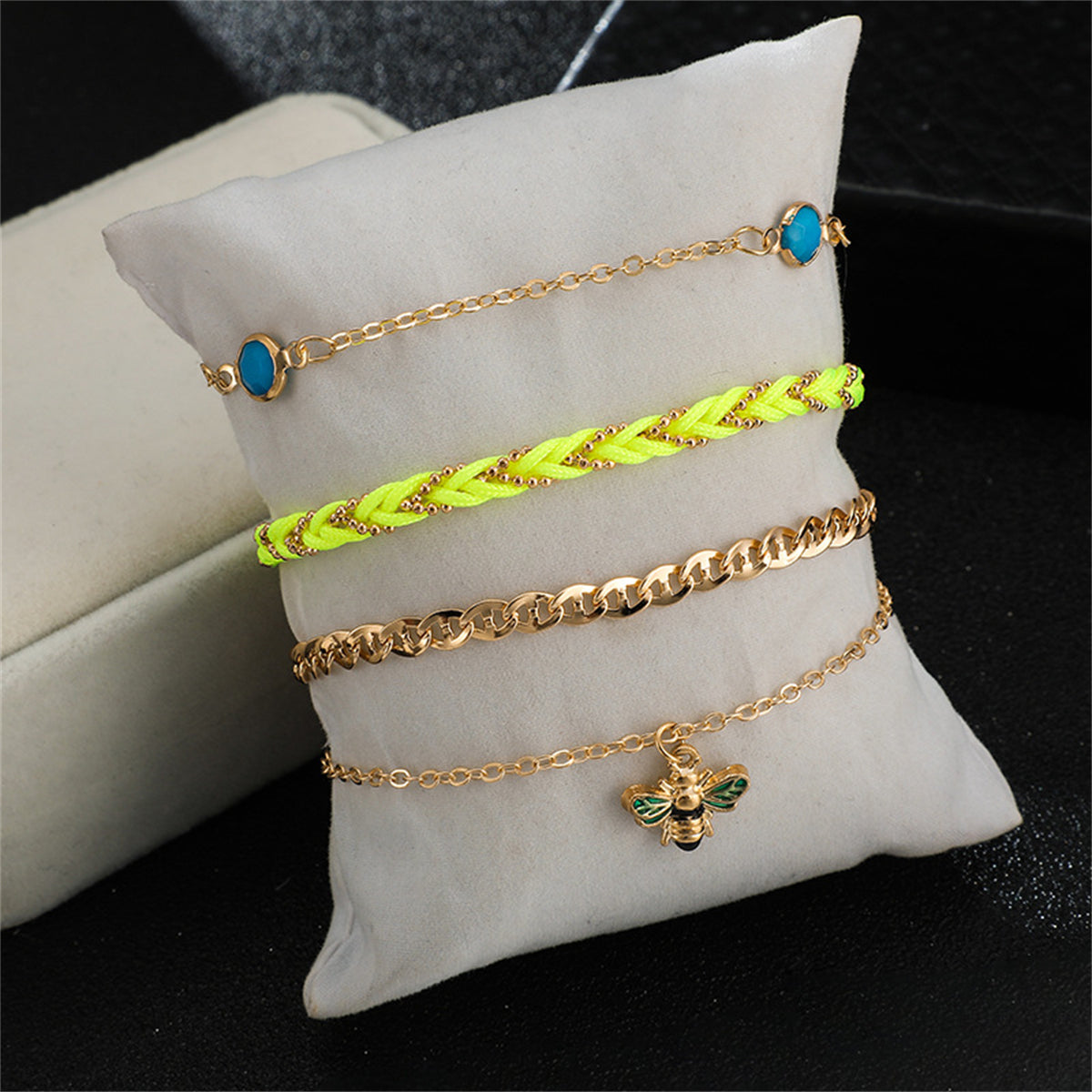 Neon Yellow & 18K Gold-Plated Bee Charm Anklet Set