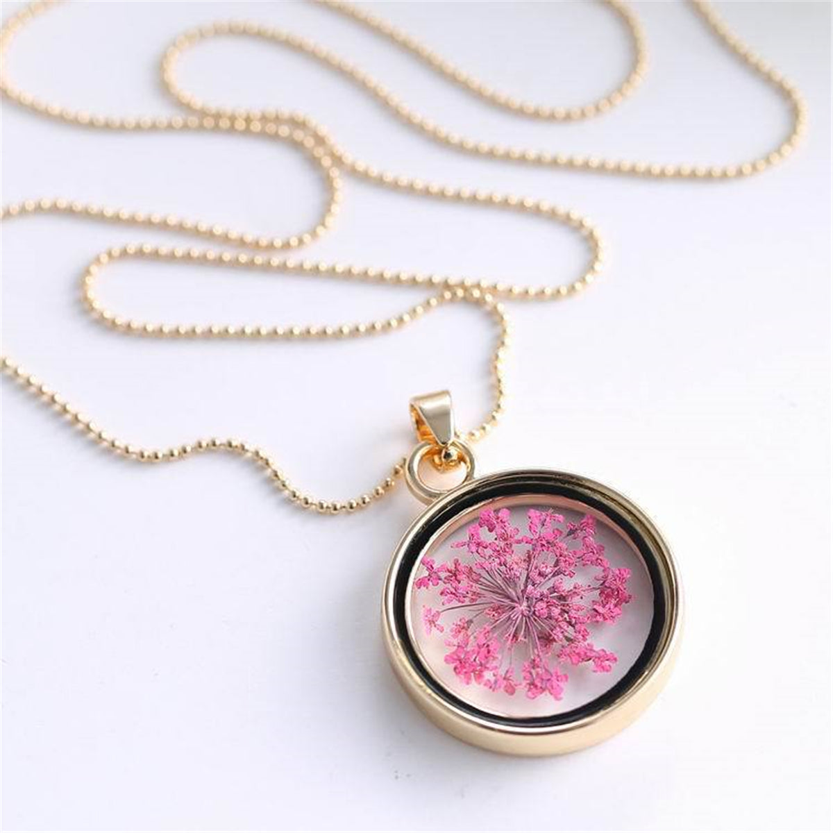 Pink Gypsophila & Resin Round Pendant Necklace