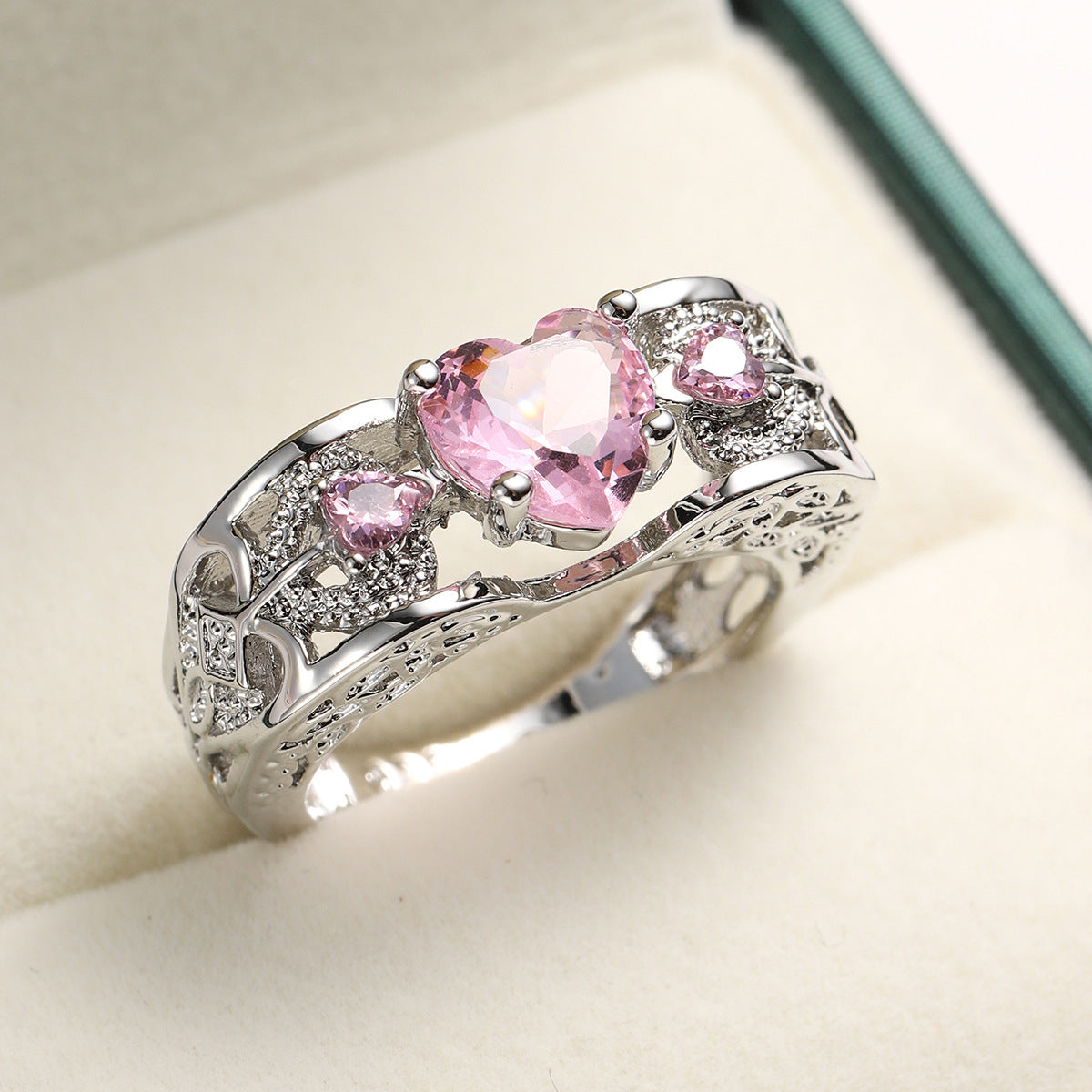 Pink Crystal & Cubic Zirconia Heart Band Ring