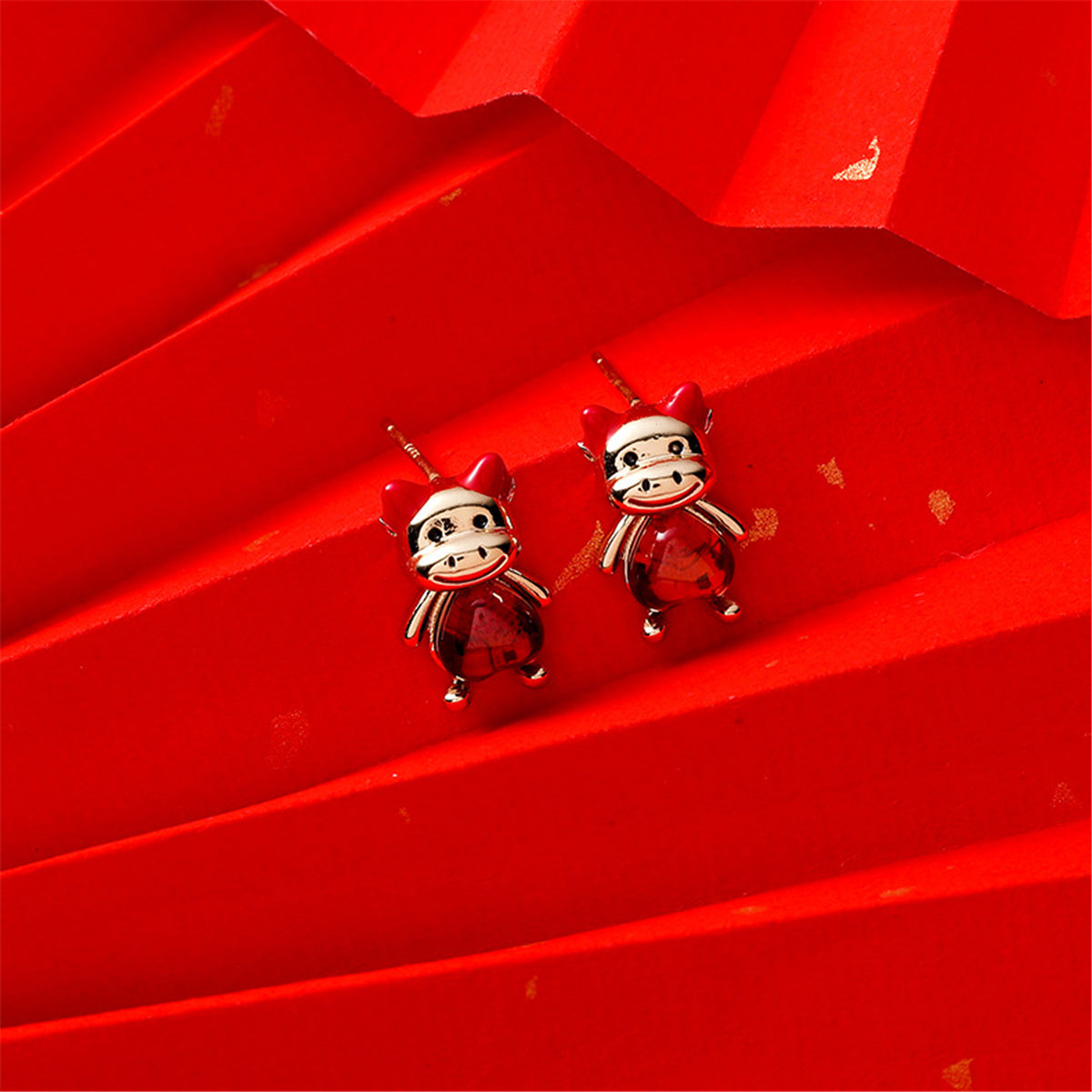 Red Crystal & 18K Gold-Plated Heart Cattle Stud Earrings