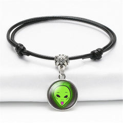 Black & Silver-Plated Green Alien Tongue Cord Charm Bracelet