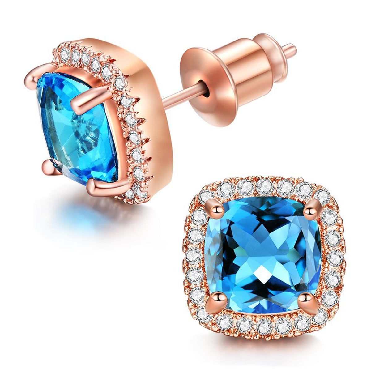 Light Blue Princess Crystal & Cubic Zirconia 18K Rose Gold-Plated Halo Stud Earrings