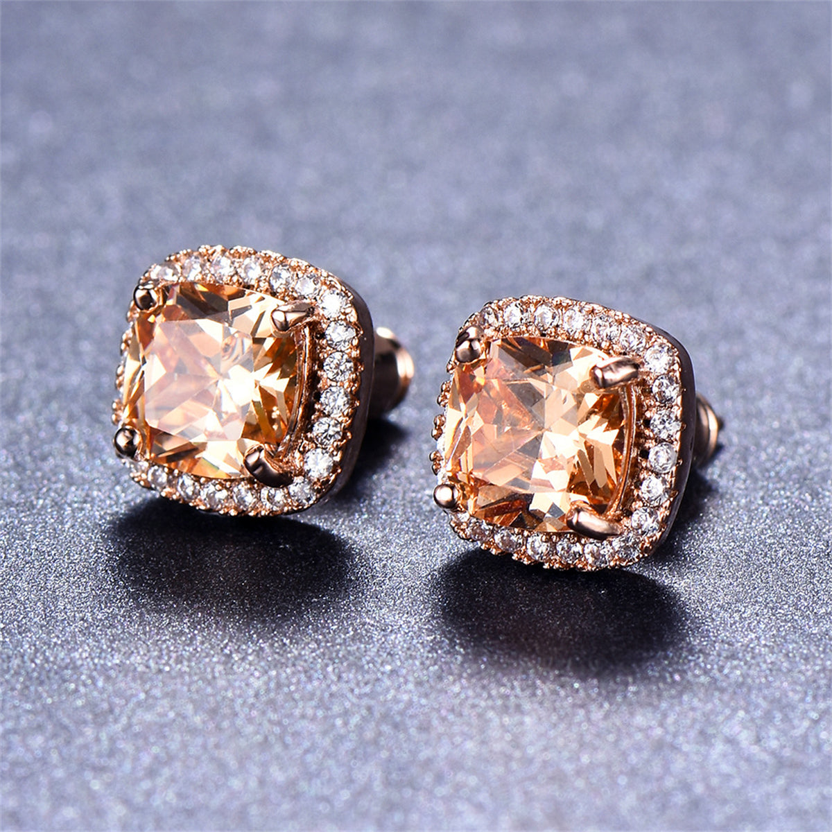 Champagne Princess Crystal & 18K Rose Gold-Plated Halo Stud Earrings