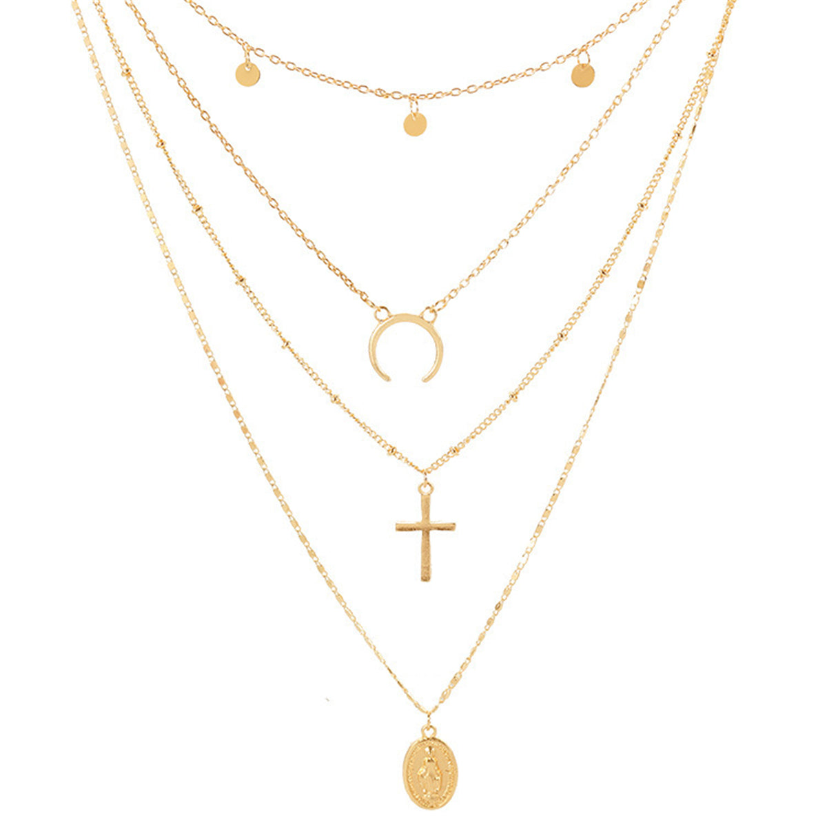 Elegant 18K gold-plated layered choker necklace featuring a cross, moon, and circle for a stylish, spiritual touch.