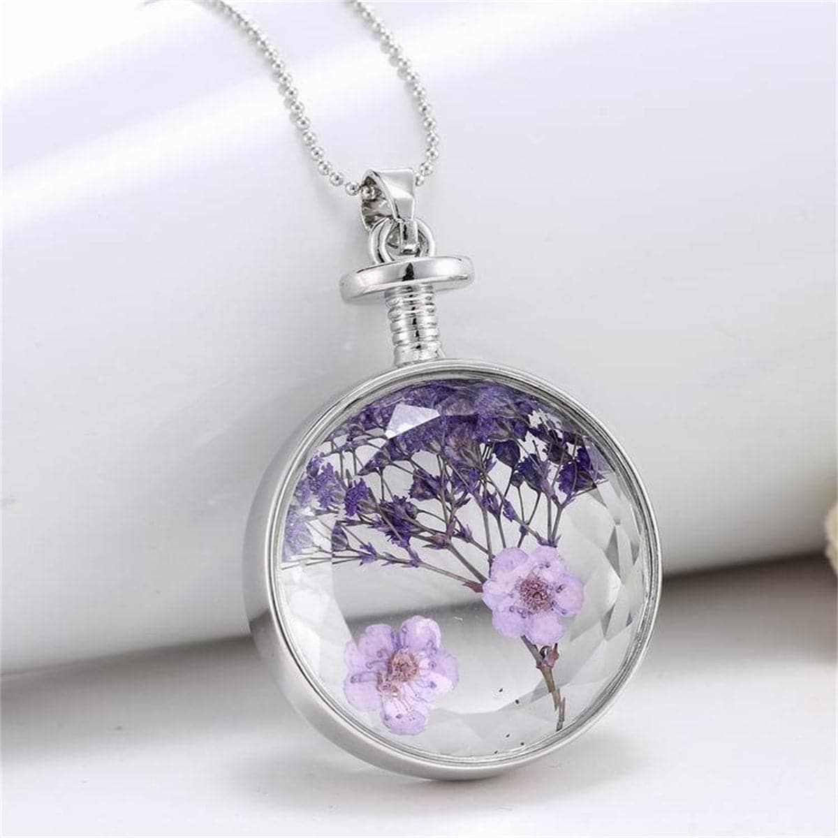 Purple Peach Flower & Silver-Plated Round Pendant Necklace