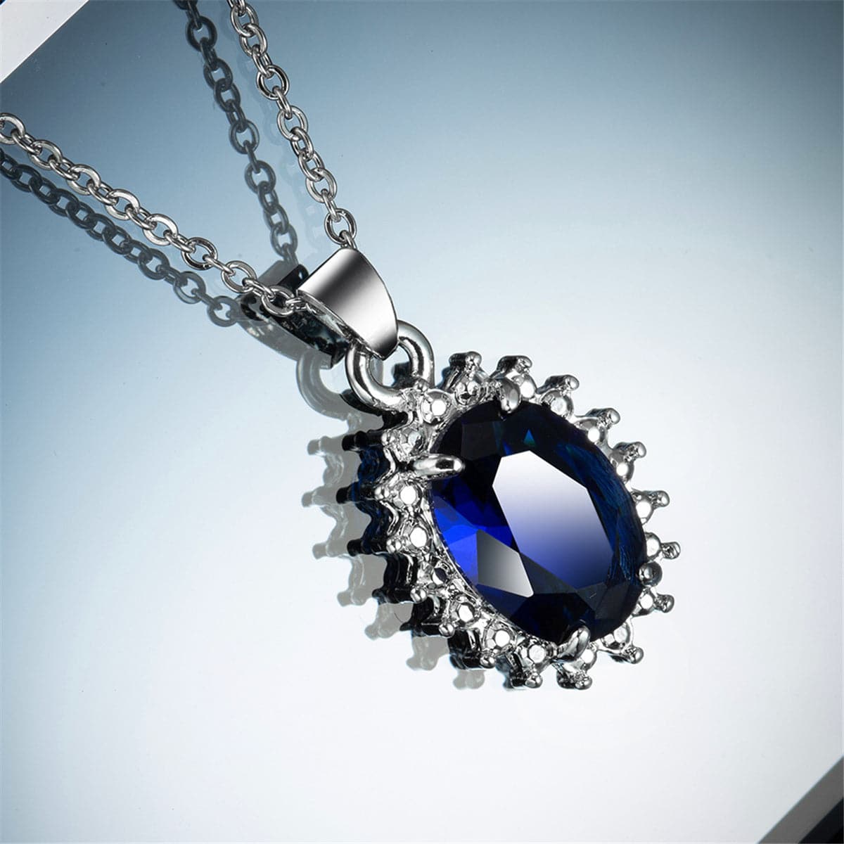 Navy Crystal & Silver-Plated Oval Pendant Necklace