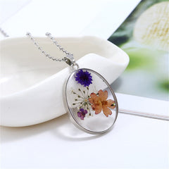 Purple & Orange Pressed Flower Oval Pendant Necklace