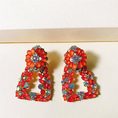 Red Crystal & Cubic Zirconia Flower Ladder Drop Earrings