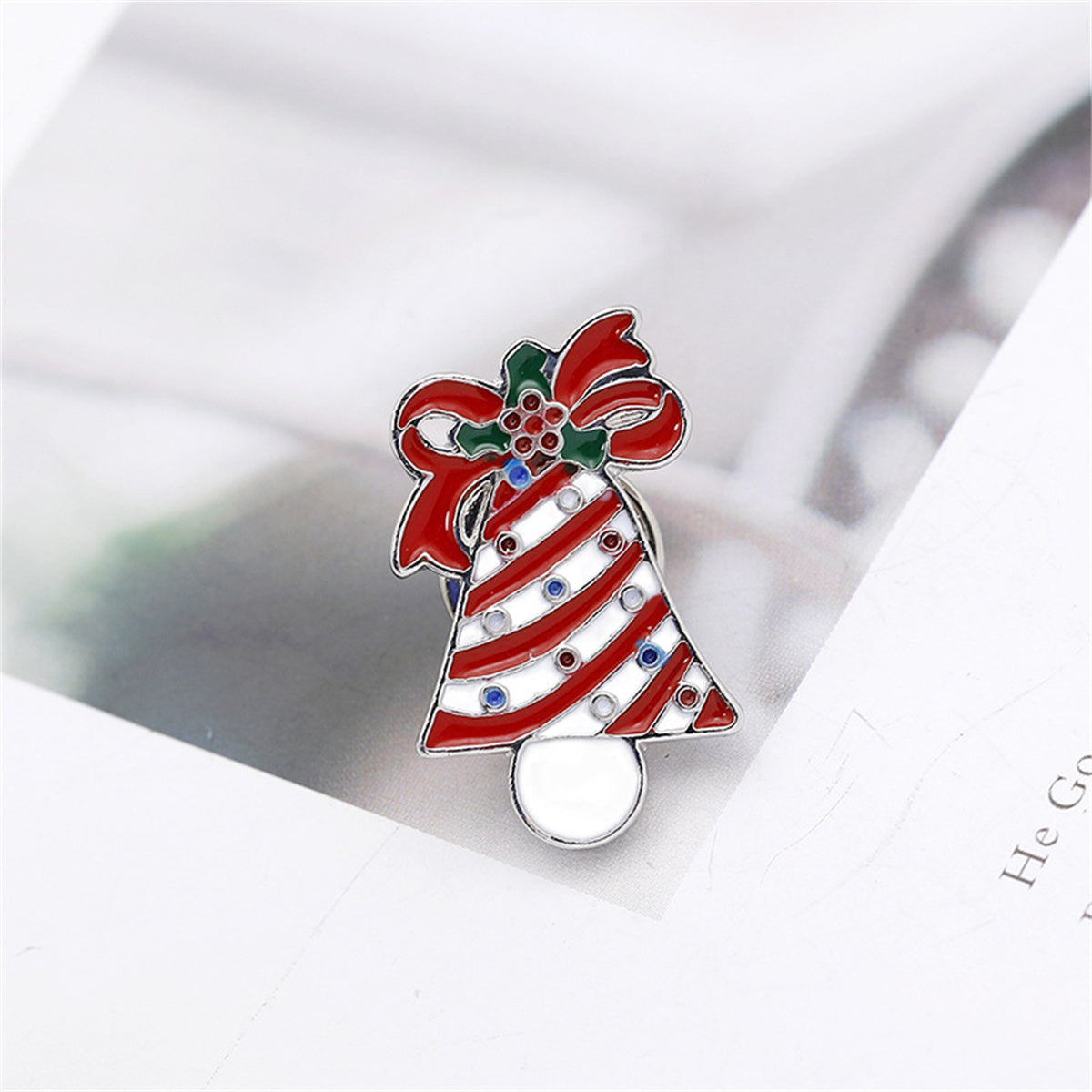 Red & White Enamel Stripe Christmas Bell Brooch