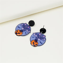 Purple & Black Bat Pumpkin Drop Earrings