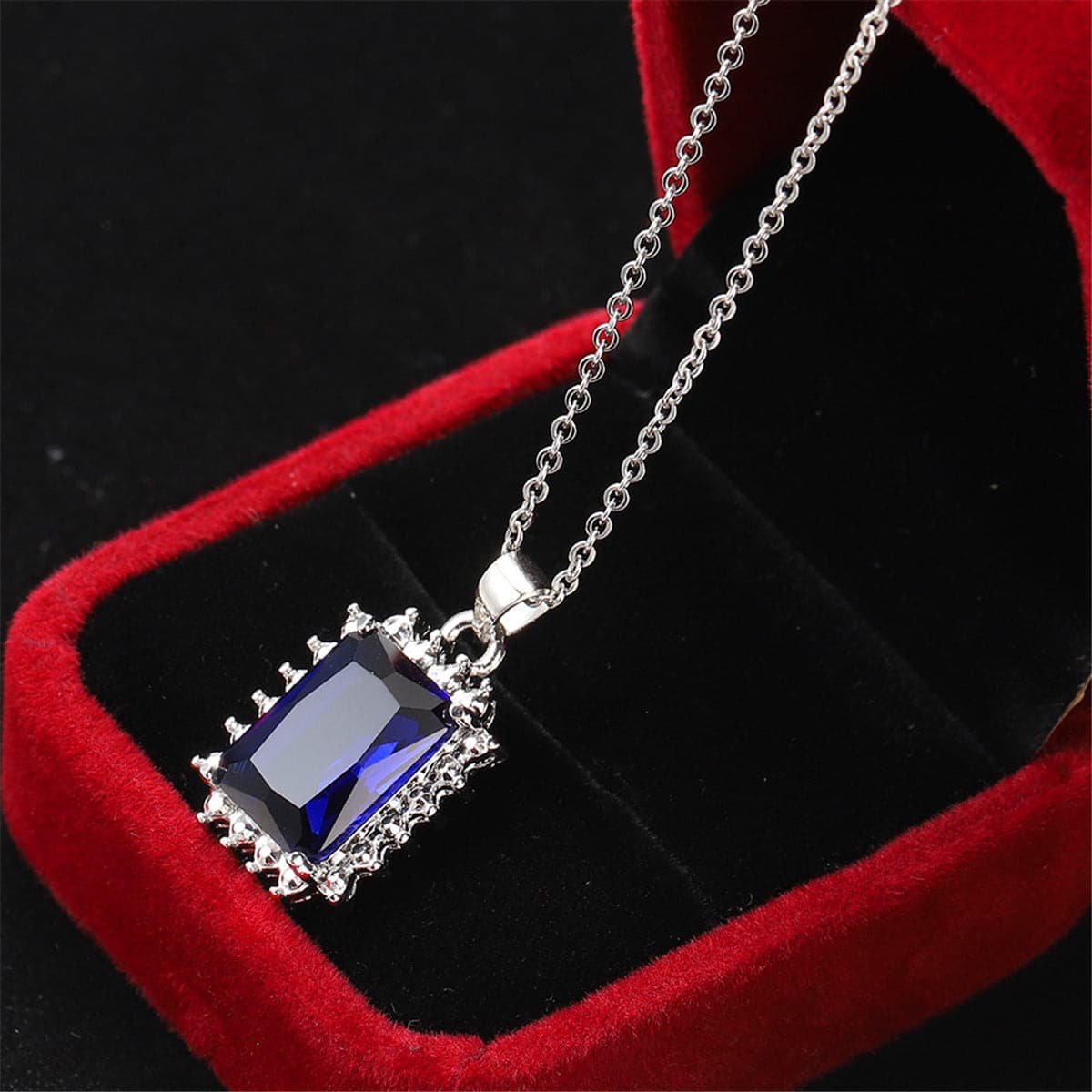 Navy Crystal & Silver-Plated Radiant-Cut Halo Pendant Necklace