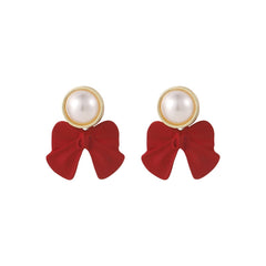 Red Enamel & Pearl Bow Drop Earrings