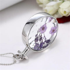 Purple Peach Flower & Silver-Plated Round Pendant Necklace