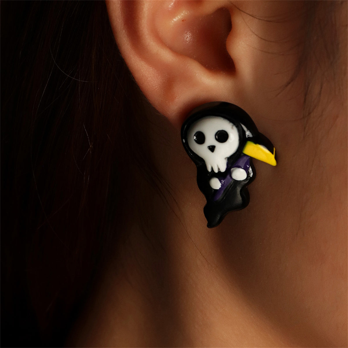 Black & Silver-Plated Death Stud Earrings