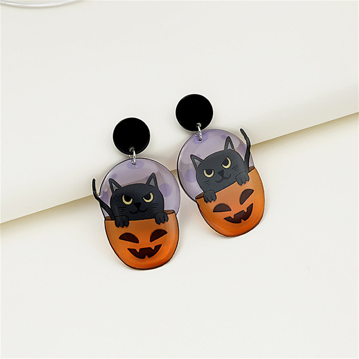 Purple & Black Cat Pumpkin Drop Earrings