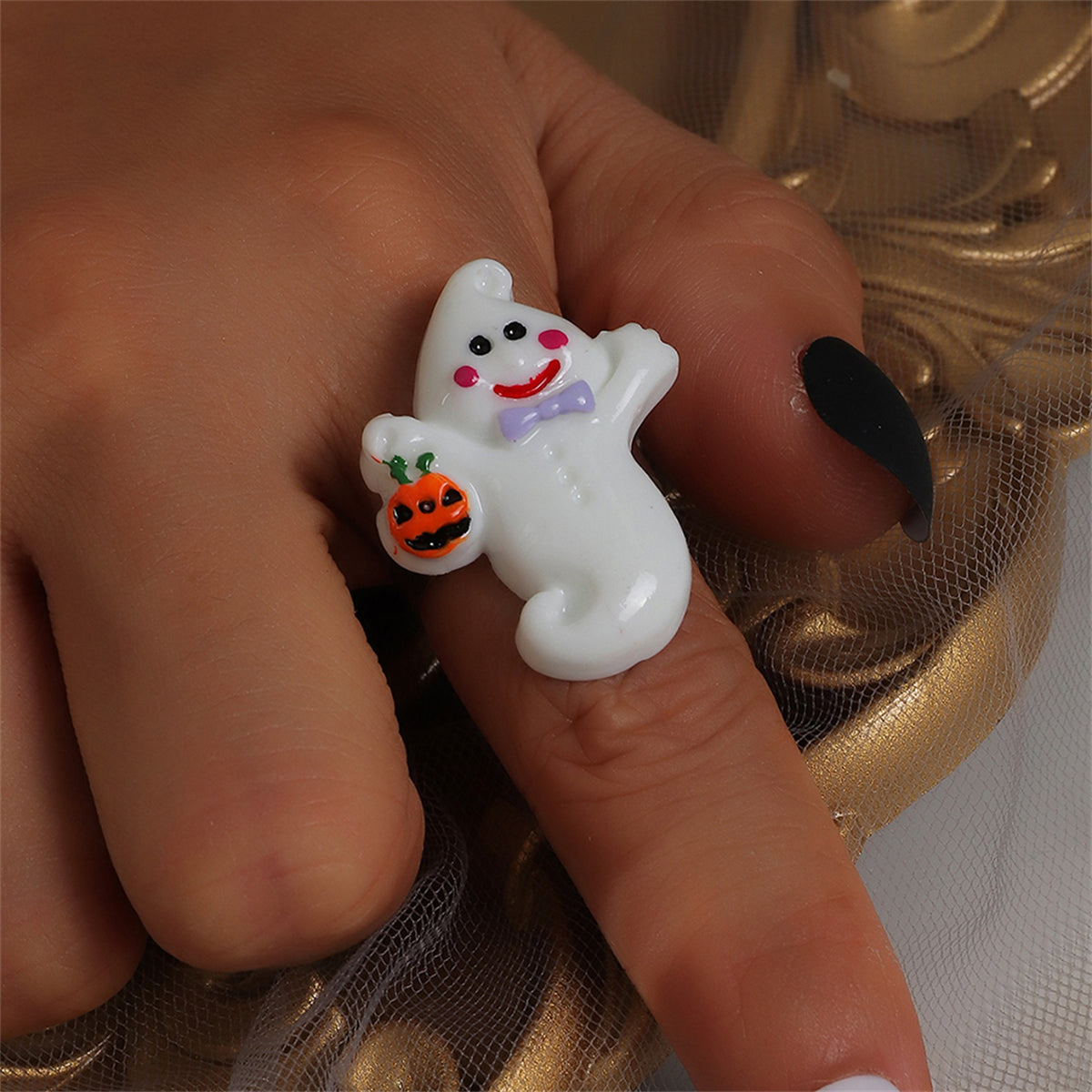 White & Silver-Plated Pumpkin Ghost Adjustable Ring