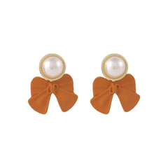 Pearl & Orange Enamel Bow Drop Earrings