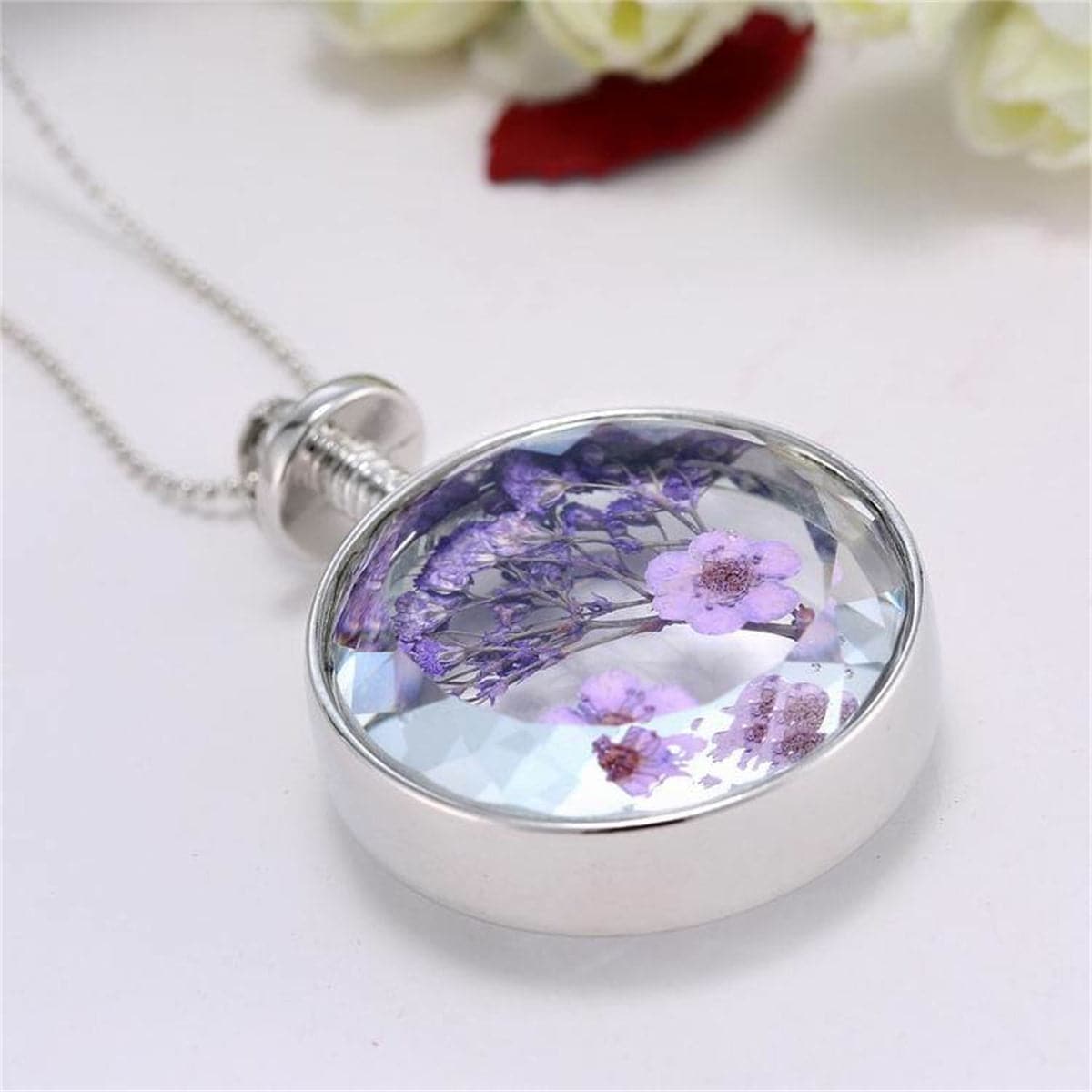 Purple Peach Flower & Silver-Plated Round Pendant Necklace