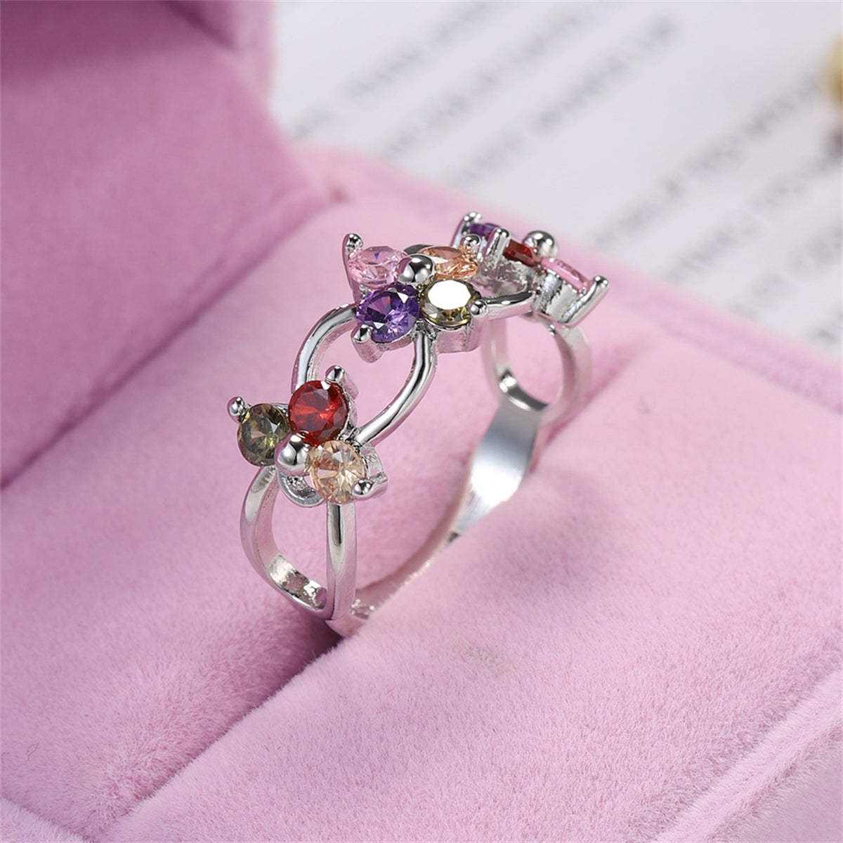 Purple Cubic Zirconia & Silver-Plated Floral Ring